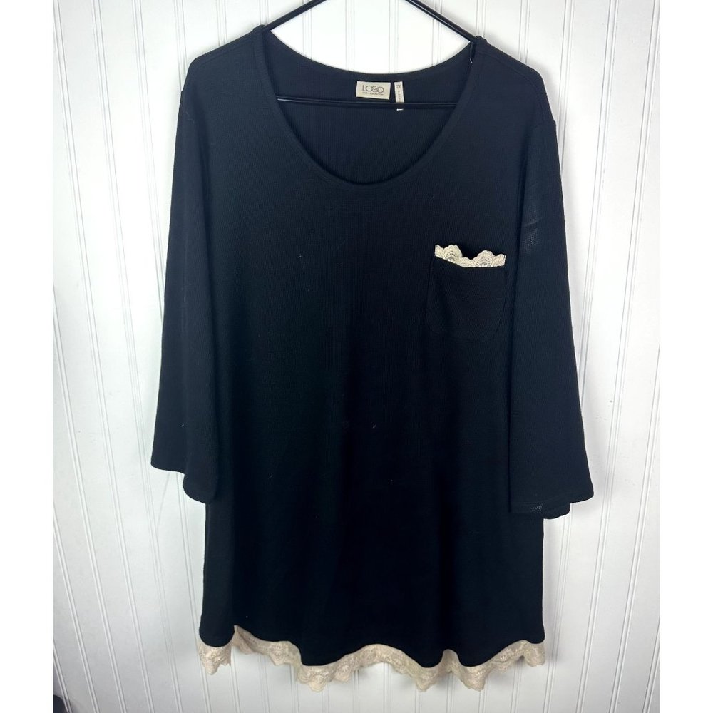 LOGO Lori Goldstein Black tunic top Lace‎ trim size 2X